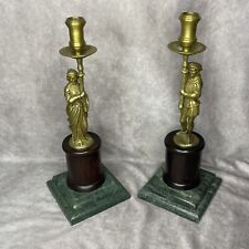 Pair Of Vintage Brass Bronze Figure Green Marble Candlestick Holder Rare picture