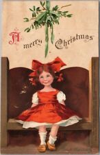 Artist-Signed CLAPSADDLE Embossed Christmas Postcard Little Girl Under Mistletoe picture