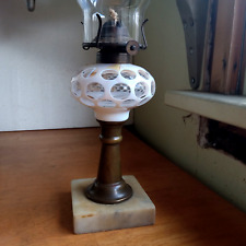 1860s WHITE CUT OVERLAY PUNTY SANDWICH GLASS OIL LAMP ORIGINAL MARBLE BASE ETC picture