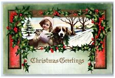 South Omaha NE Postcard Christmas Greetings Little Girl Dog Holly Berries 1915 picture