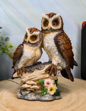 Romantic 2 Great Horned Owl Couple On Tree Stump Statue 6.25