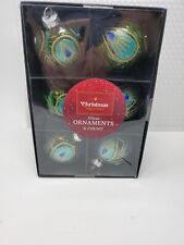 Peacock Inspired Set of 6 Glass Ornaments Crystals Glitter Blue Green picture