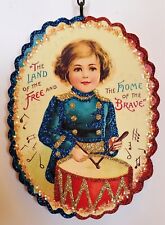 BOY w DRUM, LAND of FREE, HOME of BRAVE  - Glitter JULY 4,  PATRIOTIC ORNAMENT picture