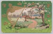 Postcard St Patricks Day Greetings Golden Harp Country View Shamrocks Embossed picture