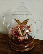 Vintage Real 2 Butterfly Taxidermy Glass Teapot Globe Silk Flowers Display Boho picture