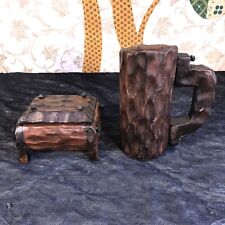 Vintage Handmade Lobeco Pegged Wooden Mug and Trinket Box Spain Carved Folk Art picture