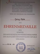 EAST GERMAN DDR AWARD DOCUMENT ANTI FASCIST MEDAL OF THE CENTRAL COMMITTEE 1977 picture