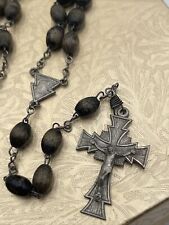 Vintage Carved Wood/Seed Christianity Christ Crucifix Beaded Rosary Necklace picture