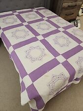 Antique Lavender/Off White Patchwork Quilt Hand Embroidered Block Hand Quilted picture