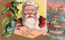Best Christmas Wishes Santa Claus and Pretty Church in Winter - 1909 VTG PC picture