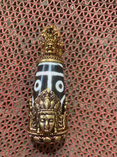 Large Tibetan Brass *3Faces Dhanada *Inlay Agate Dzi *4Eyed* Bead Prayer Statue picture