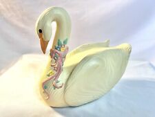 Vintage Handmade Wooden Painted Swan Creamy White W/ Pink Bow & Flowers 10” picture