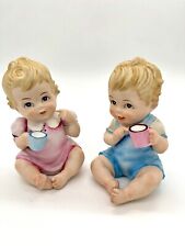 Vintage Porcelain Lefton Piano Babies Girl And Boy Holding Cup #KW3499 Bisque picture
