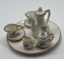 Vintage Ten Piece Tea Set Porcelain Miniature White  Gold Rimmed Roses picture