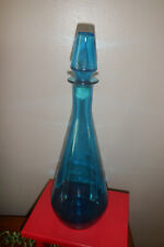 VINTAGE MID CENTURY BLUE GLASS GENIE BOTTLE WITH CORK TOP DECANTER picture