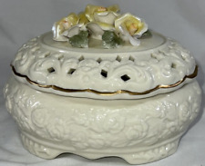 Decorative Floral Porcelain Keepsake Box Bowl with Lid 7’’Round Home Décor VTG picture