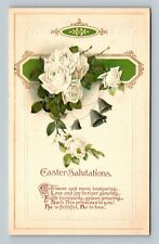 Easter Greetings-White Rose Victorian Green Bells Salutations Vintage Postcard picture