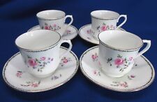 SET OF 4 SHELLEY CUPS AND SAUCERS PINK ROSES RED & GREEN BANDS picture