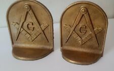 Freemasonry Bronze Bookends Masonic Square And Compasses Vintage  picture