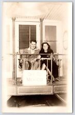 RPPC Studio Prop:1940s Stereotypical Couple Off To Mexico on Train Caboose~Sepia picture