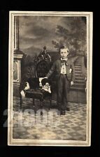 1860s CDV Photo ~ Little Boy with Dog + Posing Stand ~ North Vernon Indiana picture