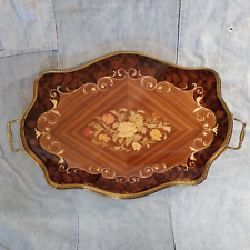 Inlaid Wood Floral Tray Marquetry With Brass Gallery and Handles 23