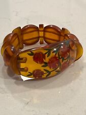 Old amber bakelite reverse intaglio carved flower stretch bracelet 061124aHHZDE picture