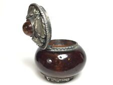 Vintage Amber Glass and Brass Trinket Box w/ Lid Made in India Snuff Box Ornate picture