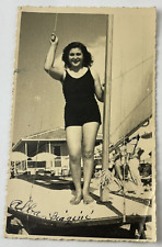 1946 Postcard from Italy Young Women Alba Biagini Black & White Boat Swimsuit picture