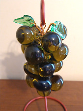 Vtg MCM Art Glass Large Cluster Green Glass Grapes 2 Glass Leaves On Copper Wire picture