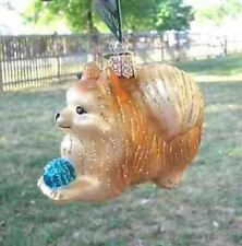 Old World Christmas POMERANIAN w/Ball Blown Glass Dog Ornament RETIRED 2022 picture