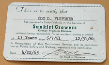 VTG 1965 SUNKIST CITRUS GROWERS 13 YEARS VEHICLE ACCIDENT FREE CERTIFICATE CARD picture