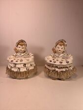 2 VTG Wales Japan Figurine Vanity Trinket Dishes w/ Original Lace Trim 5.75” 50s picture