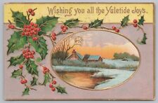 Holiday~Christmas~Winter View of Homes Along Water~Holly~Vintage Postcard picture