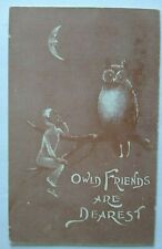 Fantasy Halloween Postcard Pixie Imp & Owl  Friends Are Dearest Unused Sepia picture