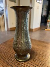 Vintage Solid Brass Vase India Made Etched Floral Design Gold Ornate7.5 In Tall picture
