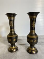 Vintage Brass Black & Gold Bud Vases | Handmade & Etched | India 6” Tall (2) picture