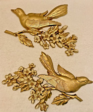 Pair Syroco Dart Gold Bird Wall Plaques Dogwood Branch Flowers Vintage 