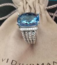 David Yurman Sterling Silver 16x12mm Wheaton Blue Topaz & Diamonds Ring Sz 6 picture
