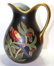 Vtg Large Ceramic Black Pitcher Gold Handle Matte Glaze Parrots Cherries 10.25