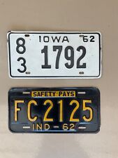 Pair of 1962 Vintage License Plates Indiana & Iowa picture