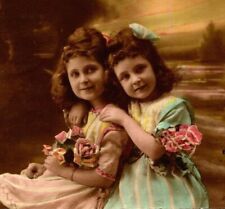 C.1910/20s Hand Tinted RPPC. Adorable GIrls. Dix Paris Studio. Flowers. Dress. picture