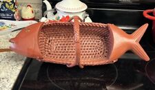 Woven Basket Fish Shaped Wicker Bread Wood Open Mouth Handle Brown Painted picture