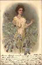 Art Nouveau Beautiful Woman Field of Flowers Meissner & Buch c1900 Postcard picture
