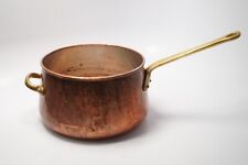 VTG Large Sauce Pan Pot Copper w/ Brass Handle Unmarked Decor Aged Rustic Hammer picture