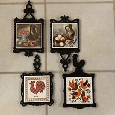 Cast Iron Vintage Footed Tile Trivet Mixed Lot of 4 Rooster Birds Fruit/Drink picture