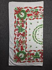 Vintage 60s Christmas Tablecloth 48x48 Square Holiday Holly Red Green Candy Cane picture