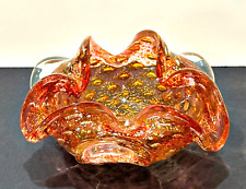 Italian Art Glass Ashtray Bowl Ruffled 6 Inch Pinkish Orange w Gold Flakes VTG picture