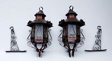 2 Vintage Hanging Lanterns Ornate Scroll Brutalist Gothic Tin Mexico Wall Sconce picture