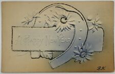 1908 A Happy New Year Postcard Horseshoe Flowers Embossed Signed Airbrushed ￼ picture